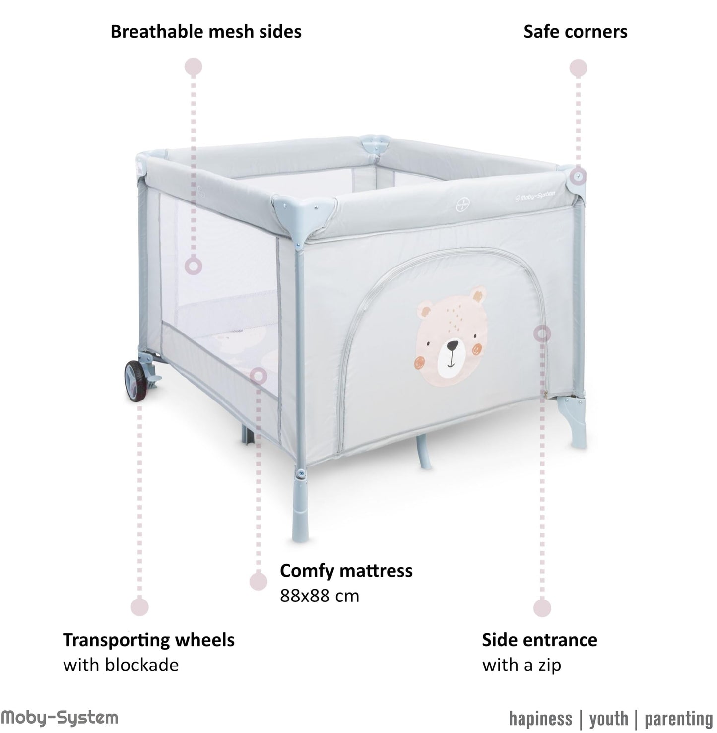 Moby-System Baby Travel Cot 128 x 68 cm - Foldable Children's Travel Bed with Mattress & Carry Bag - Playpen with Side Exit - for Babies up to 15 kg - Grey