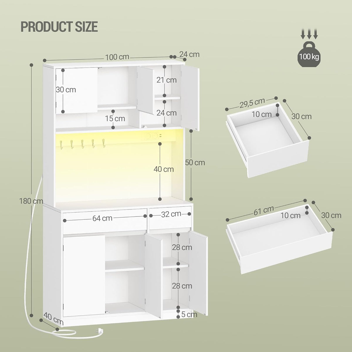 Hzuaneri PT00203XEU Kitchen Cabinet, Buffet Cabinet, Tall Cabinet with Sockets and LED Light Strips, with Worktops and Two Drawers, Adjustable Shelves, Kitchen, 40 x 100 x 180 cm, White