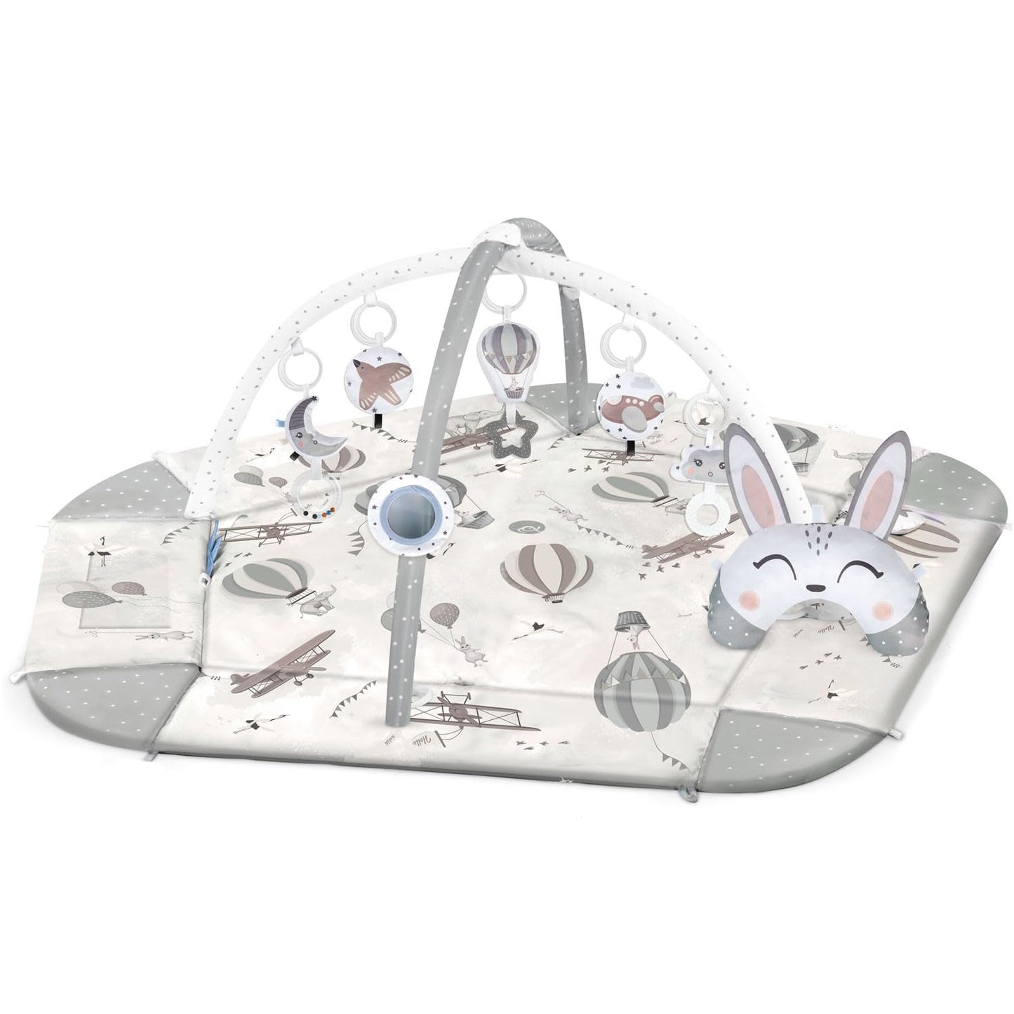 Nukido Interactive Play Arch Baby 5-in-1 Crawling Blanket for Baby Play Mat Playpen Baby with Mattress Baby Nest with Tummy Time Cushion 2 Sheets with 7 Sensory Toys 56 cm Grey