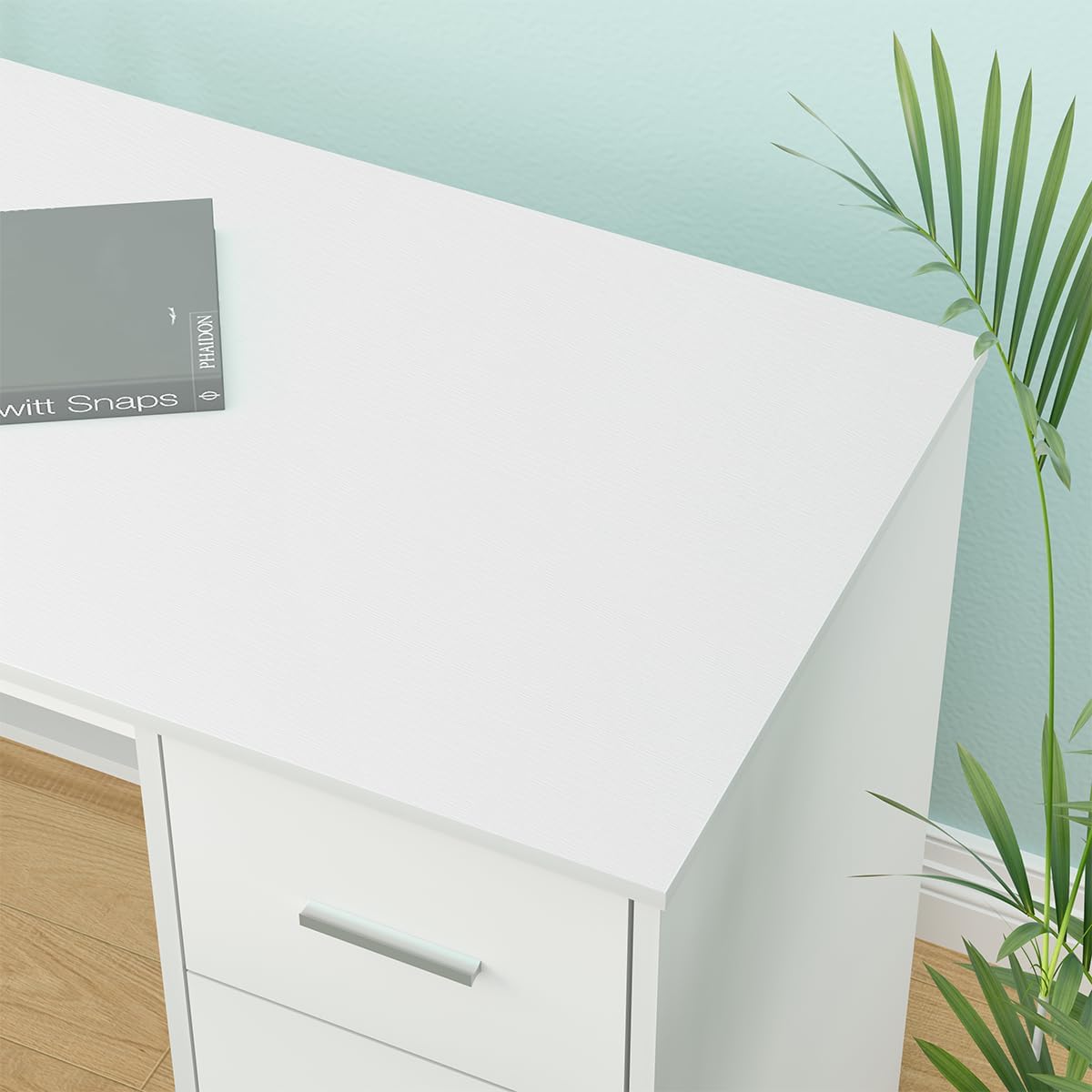 HSH - Black L Shape Corner Desk with Filing Drawers and Shelves, Reversible Corner Desk Made of Metal and Wood with Storage Cabinets