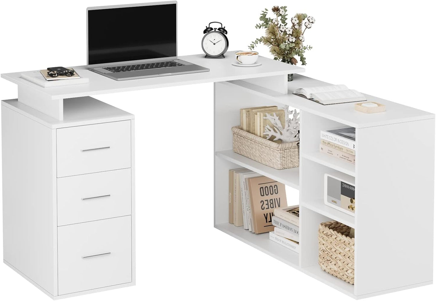 FirFurd 129 x 104 cm Corner Desk, L-shaped Desk, Kids Computer Desk for Adults with 3 Drawers and 5 Shelves for Home Office, 129 x 104 x 76 cm, White