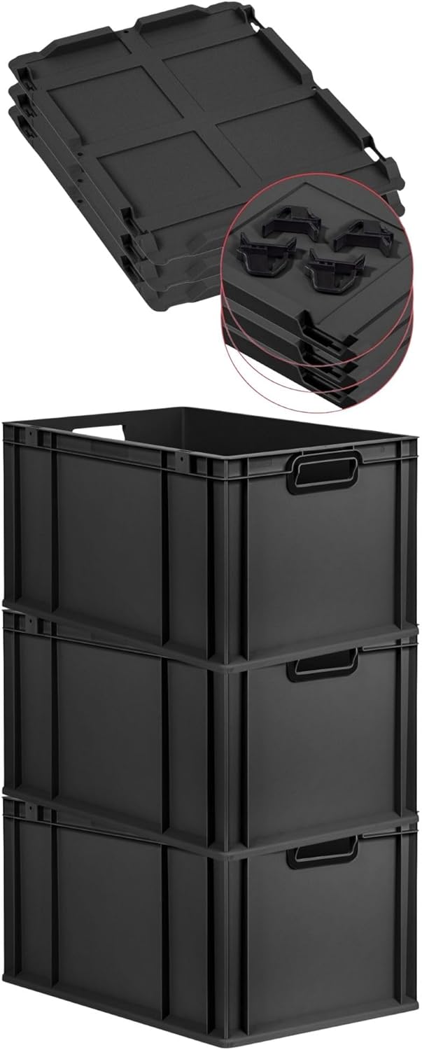 PROREGAL Economy Set of 5 Eurobox NextGen Colour with Lid and Sliding Snap Fasteners, H x W x D 22 x 30 x 40 cm, 20 L, Black, Closed Handles, Euro Container, Transport Box, Transport Container
