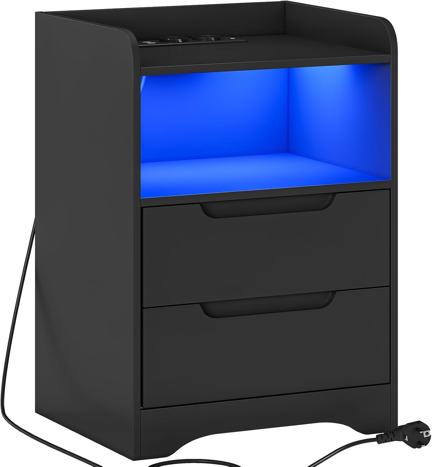 Bedside Table Set of 2 Bedside Tables with Charging Function and LED Light, Bedside Table, Set of 2 with 2 Drawers, Black Side Table, Black Coffee Table, Sofa Table for Bedroom, Living Room