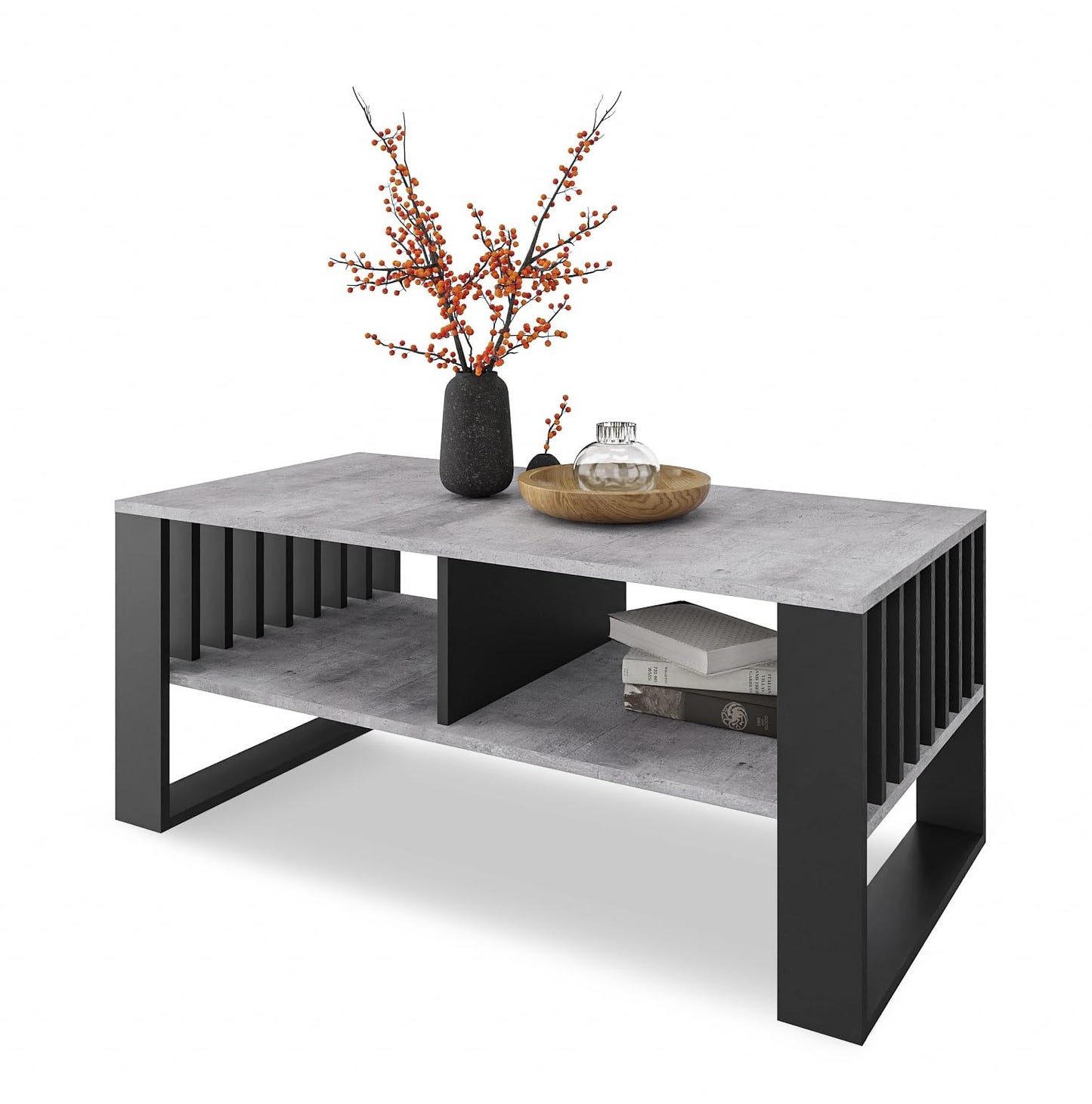 Meble Pitus Coffee Table White - Modern Living Room Table 90 x 50 x 50 cm with Storage Space & Slat Design