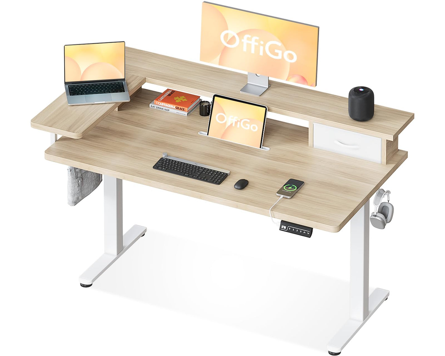 OffiGo Height Adjustable Electric Desk with Drawer and USB, 120 x 60 cm Complete Plate, Ergonomic Standing Seat Table, Computer Desk, Maple