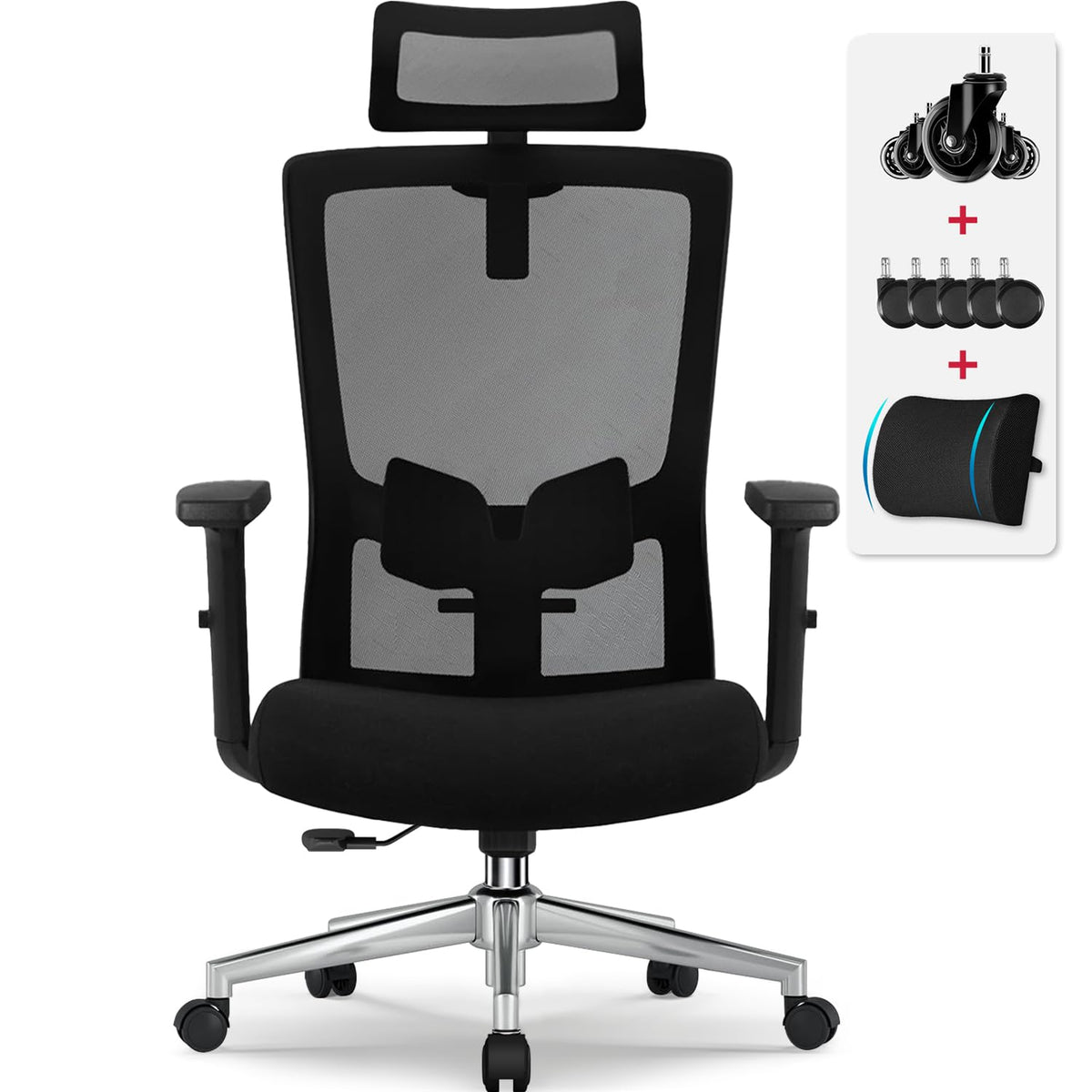 Ergonomic Office Chair with Adjustable Lumbar Support, Armrests and Headrest, Swivel Office Chair 150 kg, Desk Chair, Executive Chair, Rocker Function up to 135°