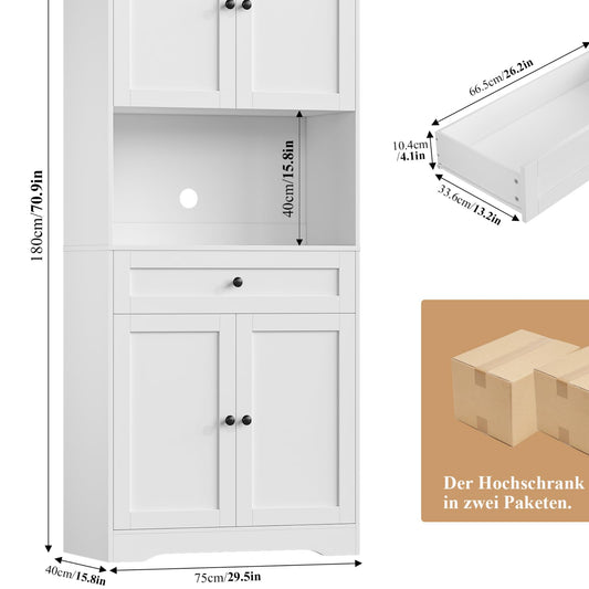 FOREHILL Tall Kitchen Cabinet, Kitchen Buffet Cabinet with Worktop, 4 Doors, Drawer, Cable Hole, Adjustable Shelves, Multi-Purpose Cabinet for Living Room, Kitchen, 75 x 40 x 180 cm, White