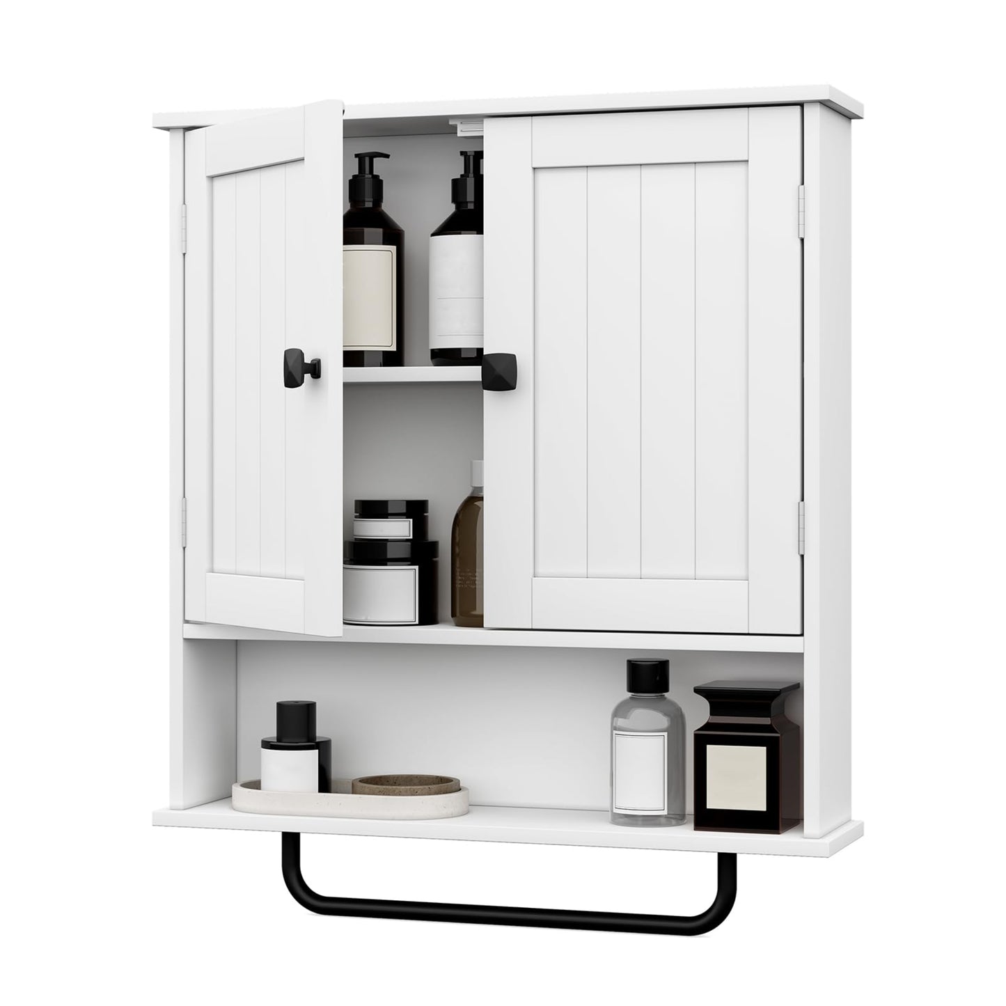 RRX Bathroom Cabinet, Wall Cabinet with Towel Rail, 56 x 13 x 65 cm, Storage Cabinet Over the Toilet with 2 Doors and Adjustable Shelf, White Wall Cabinet for Bathroom, Laundry Room (White)