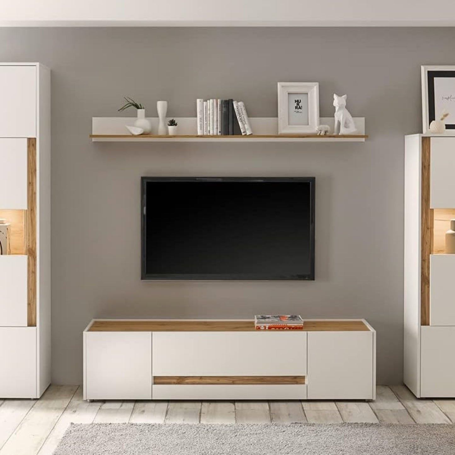 Lomadox TV Wall Unit 4 Pieces with LED Lighting in White with Wotan Oak Panels W x H x D Approx. 310 x 197 x 45 cm