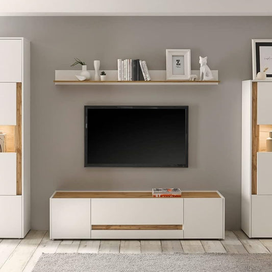 Lomadox TV Wall Unit 4 Pieces with LED Lighting in White with Wotan Oak Panels W x H x D Approx. 310 x 197 x 45 cm