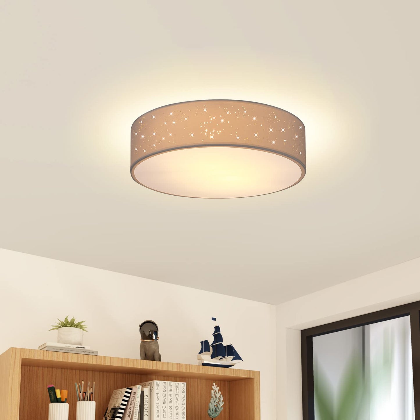 MONZANA® Ceiling Light Starry Sky Living Room Bedroom E27 Grey Round 38 cm Fabric Shade 2 Bulbs 40 W Kitchen Lamp Ceiling Light Fabric Ceiling Lamp