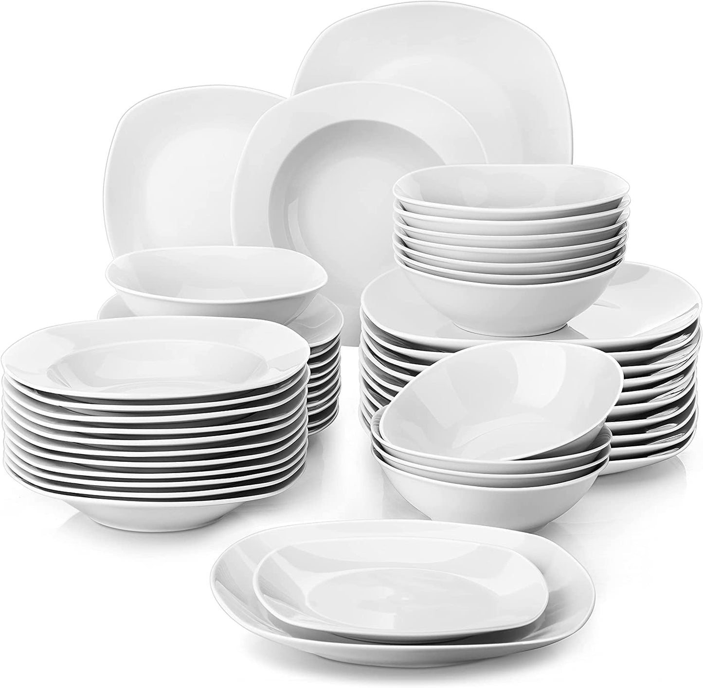 MALACASA Elisa Series Crockery Set for 12 People, 48-Piece Plate Set, Dinner Service Set with 12 Soup Plates, 12 Cake Plates, 12 Dinner Plates and 12 Cereal Bowls, Porcelain Crockery Set in Light Grey