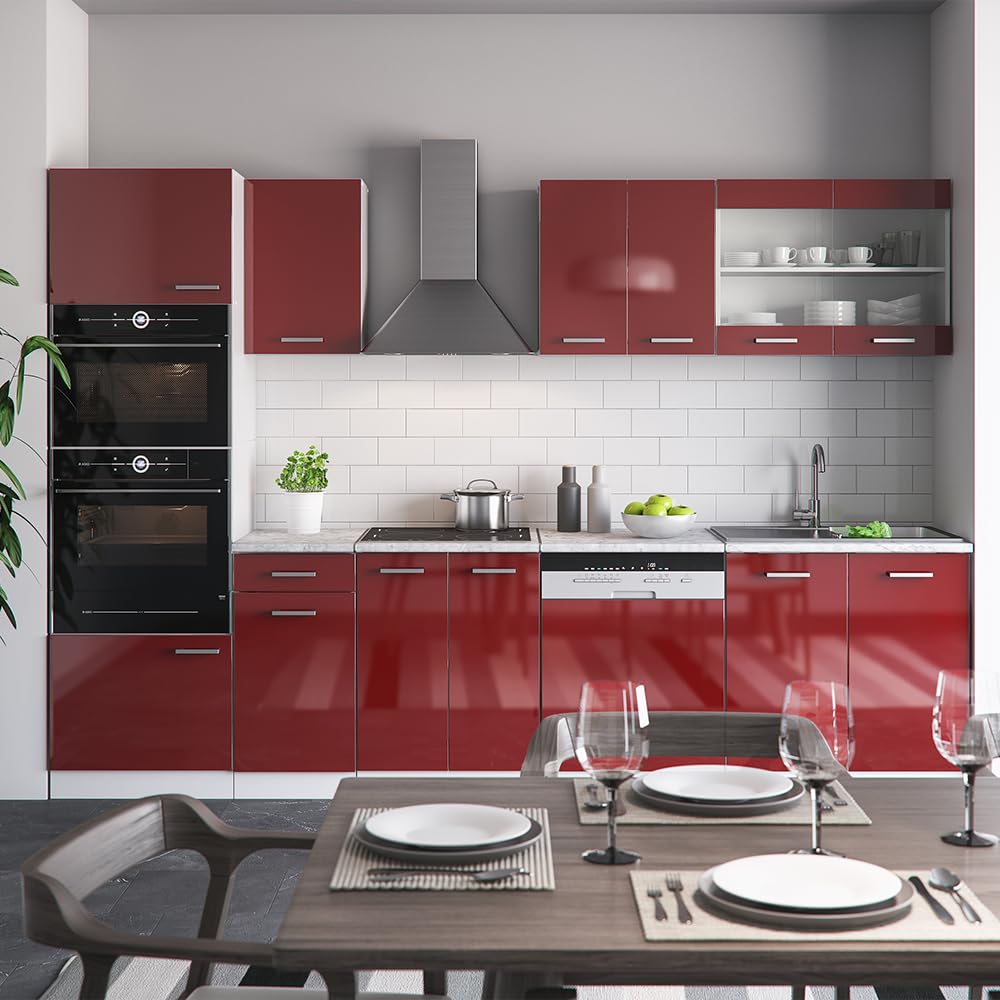 Vicco R-Line Kitchen Unit, High-Gloss Anthracite/White, 300 cm with Tall Cabinet, without Worktop