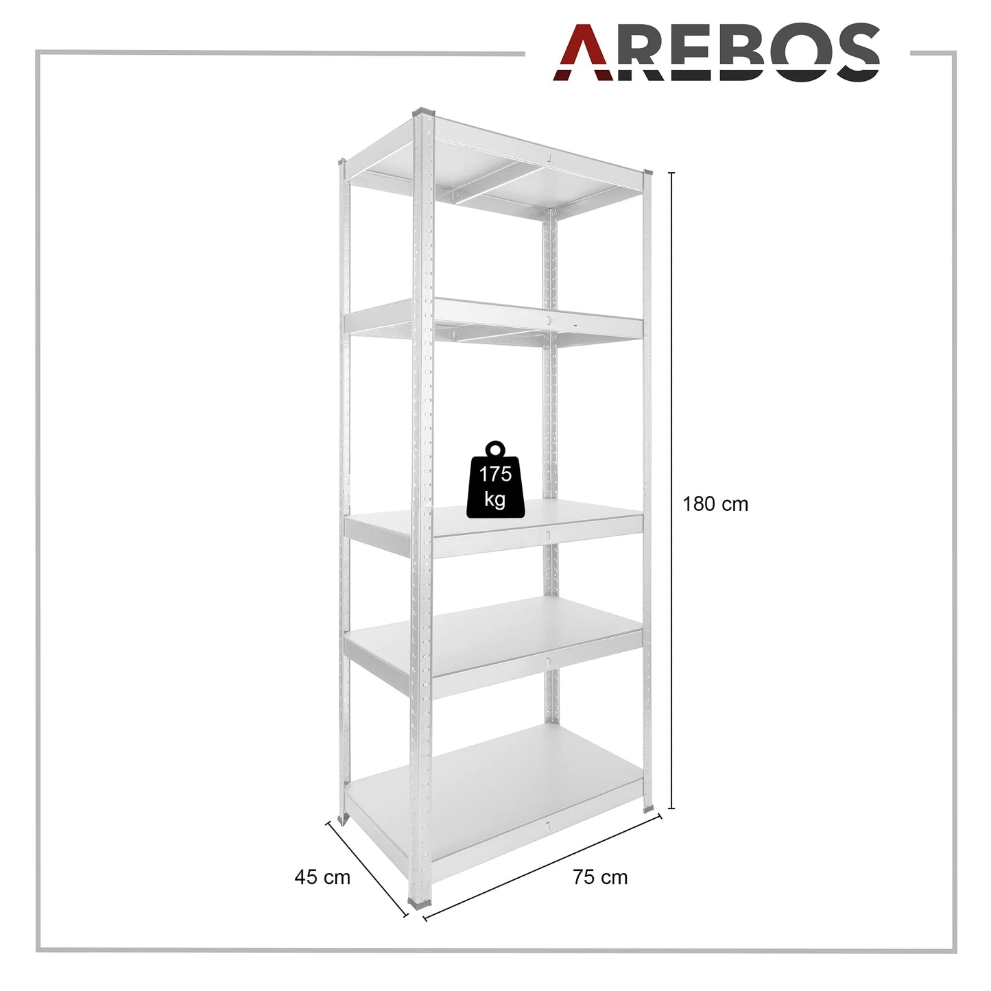 Arebos Heavy Duty Shelving Set of 2 | 180 x 75 x 45 cm | 875 kg Load Capacity | 5 MDF Panels | Easy to Assemble with Plug-In System Shelving Unit Storage Shelving Cellar Shelving Workshop Shelving