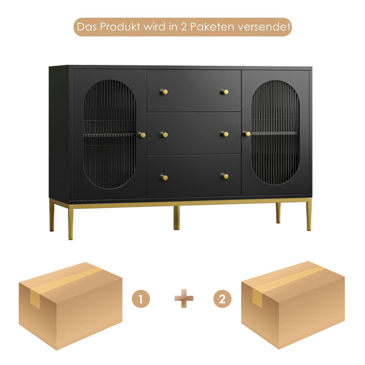 FirFurd Sideboard 120 cm Wide Kitchen Cabinet with Worktop Buffet Cabinet with 2 Glass Doors 3 Drawers Kitchen Buffet with Adjustable Shelf for Kitchen Dining Room Living Room 120 x 38 x 80 cm Black