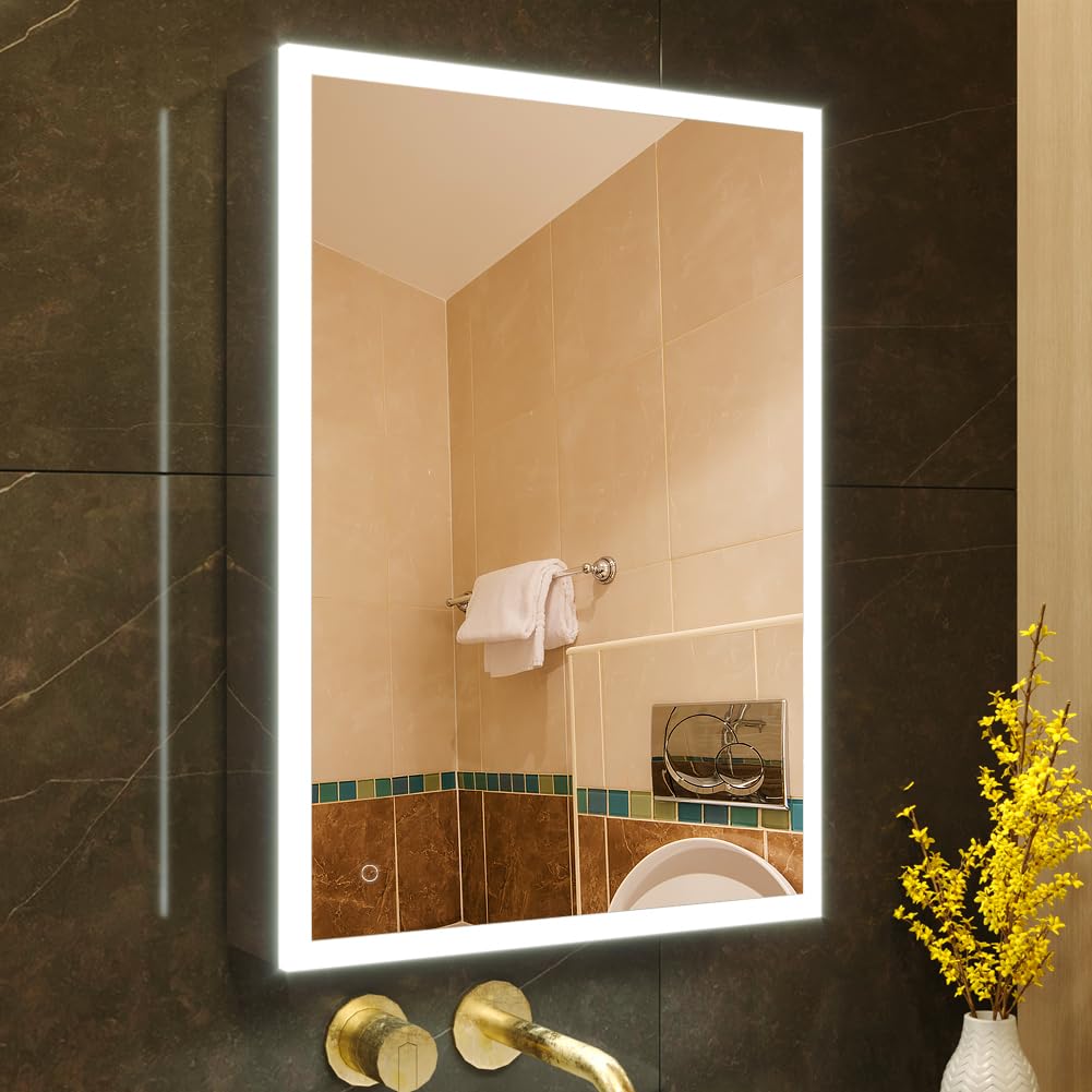 KWW LED Beleuchtetes Badezimmer Medizin Kabinett mit Spiegel, Farbtemperatur Einstellbar, Anti-Nebel Dimmbare Lichter, Steckdosen für USBs (75 x 70 cm)