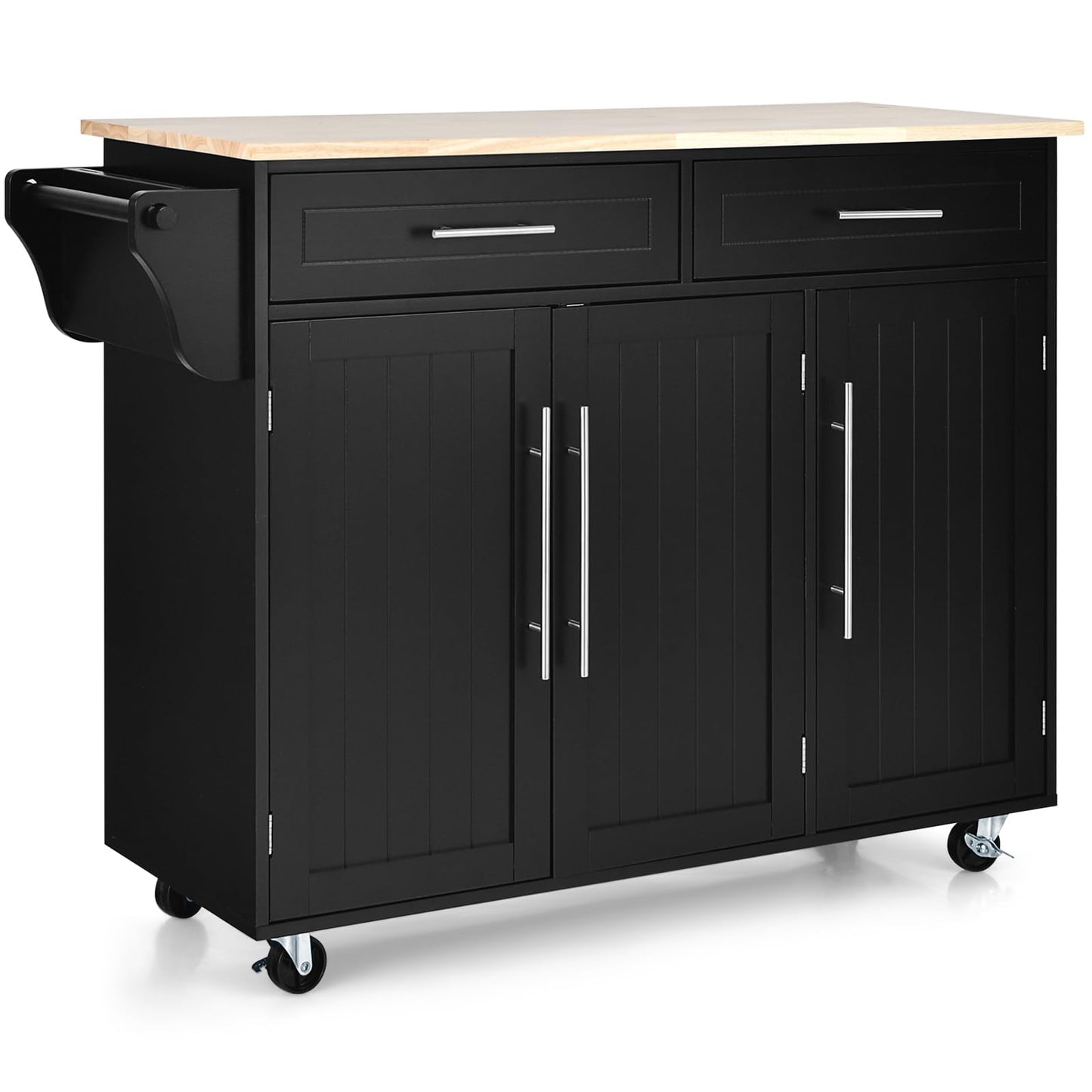 KOMFOTTEU Kitchen Trolley on Wheels, Wooden Serving Trolley with Worktop, Kitchen Island with Drawers, Towel Holder & Adjustable Shelves, Kitchen Cabinet Side Trolley Mobile 122 x 46 x 92 cm (Black)