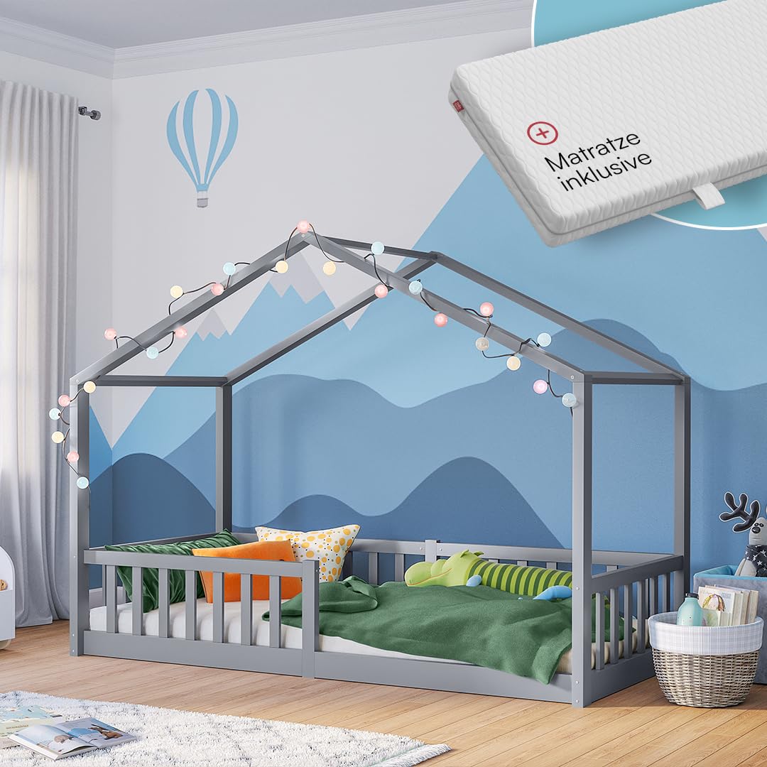 Bellabino Bia Children’s Bed, 90 x 200 cm, Children’s House Bed incl. Fall Protection and Rolled Slatted Frame, Montessori Floor Bed, White, Solid Pine Wood