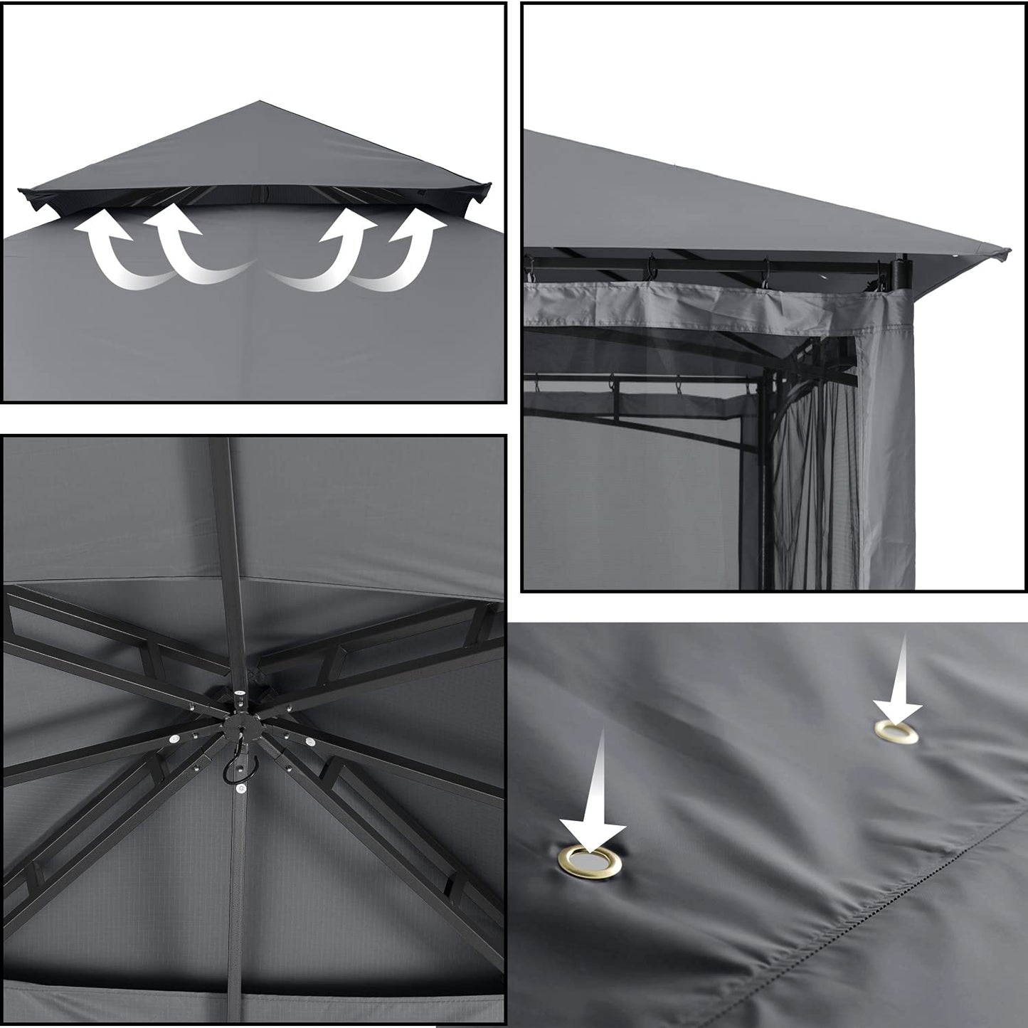 ABCCANOPY Pavillon 2.5x2.5m Wasserdicht Stabil Winterfest Gartenpavillon，Doppeldachweichdach Hinterhof-Partyzelt mit Netz für Schatten und Regen,Grau