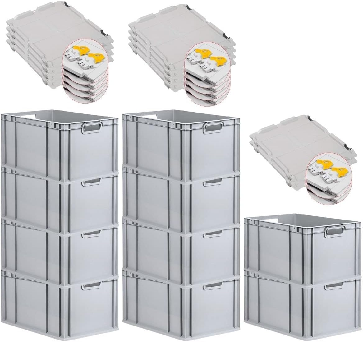 PROREGAL SuperSparSet 3 x Eurobox NextGen Grip with Lid and Yellow Clasps, H x W x D 32 x 40 x 60 cm, 65 Litres, Open Handles, Reinforced Base, Euro Container, Transport Box