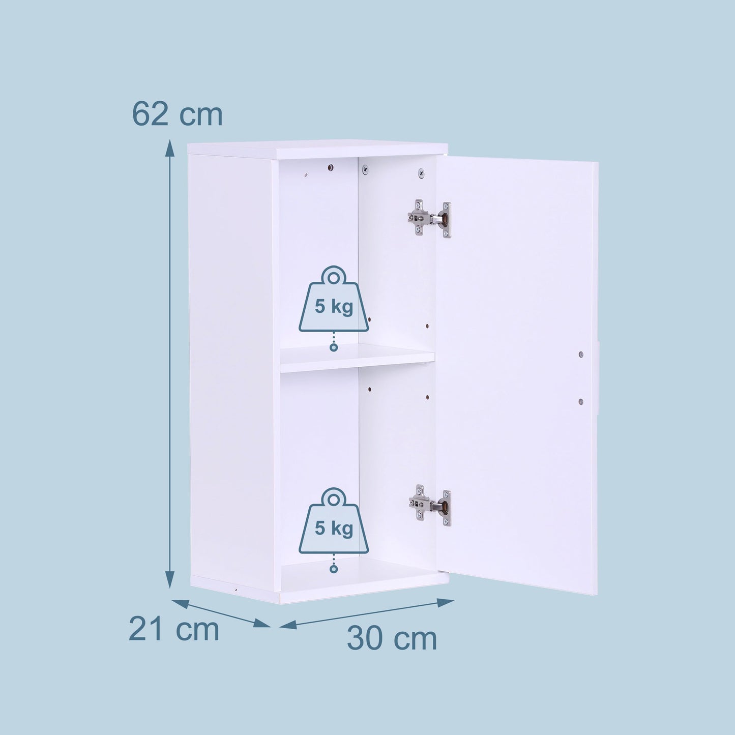 Relaxdays Bathroom Wall Cupboard, 2 Compartments, H x W x D: 62 x 30 x 21 cm, Adjustable Shelf, Narrow Bathroom Cabinet, MDF, White