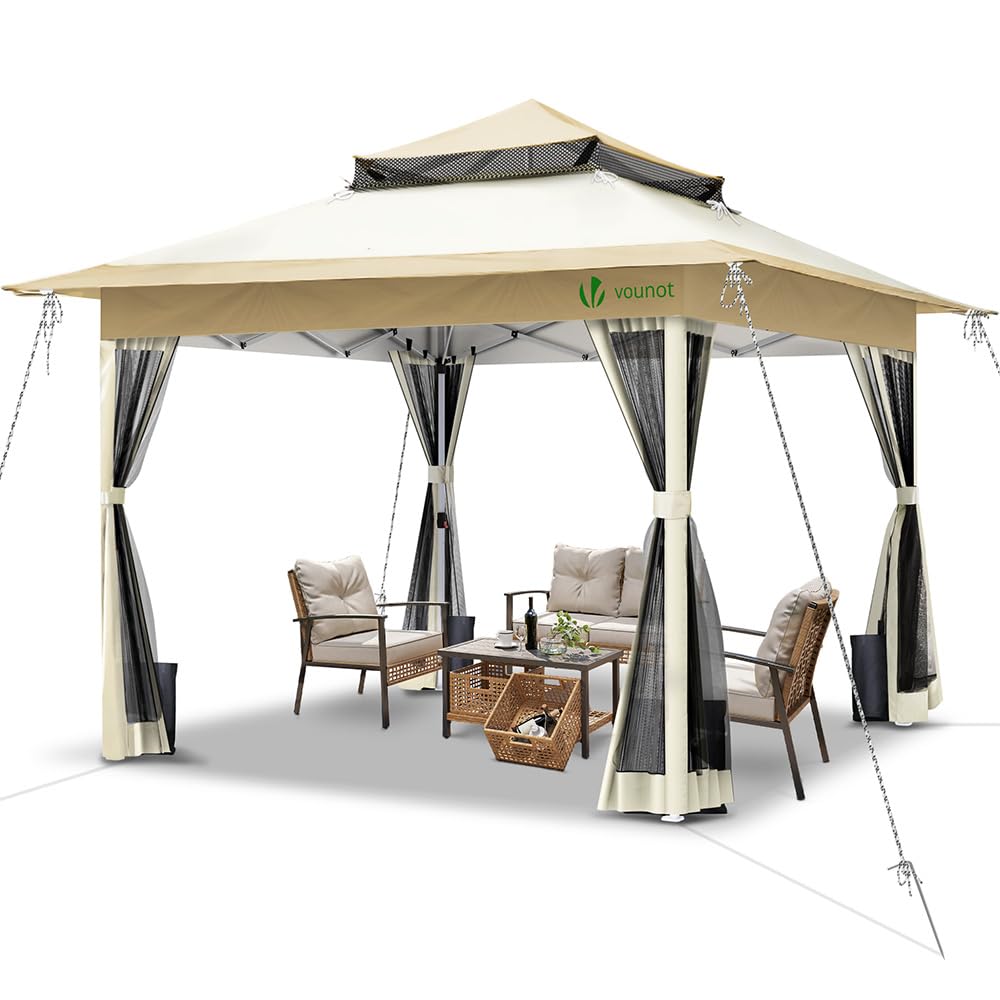 VOUNOT Pavillon Faltbar 3,6x3,6m, Pop Up Partyzelt mit Mesh Sides & Doppeldach, Faltpavillon Stabil mit Bein Gewichte & Roller Bag, Gartenpavillon Gartenzelt Grau