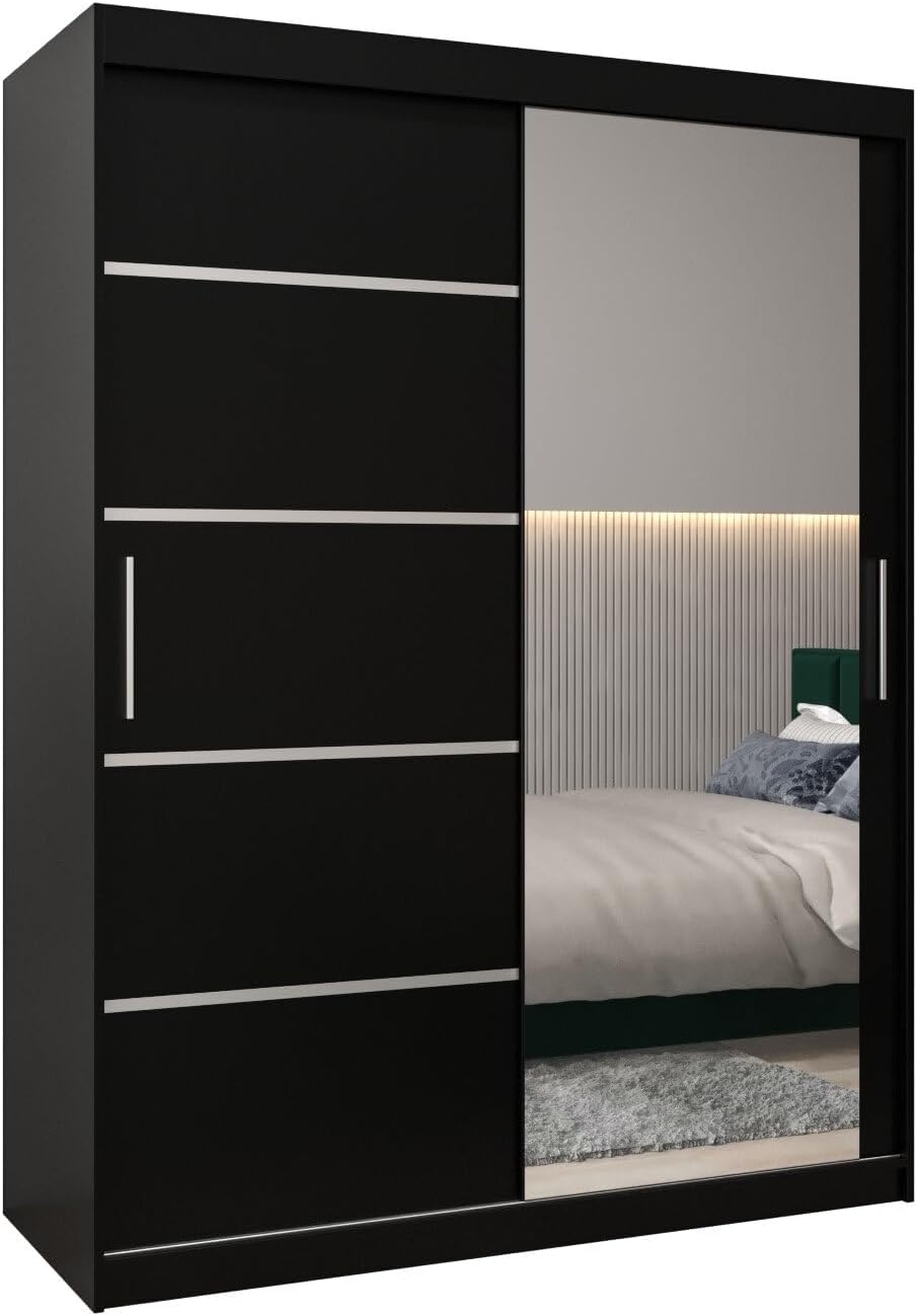 MEBLE KRYSPOL Verona 2, 250 cm Bedroom Wardrobe with Three Sliding Doors, Mirror, Clothes Rail and Shelves, 250 x 200 x 62 cm, Matt Black