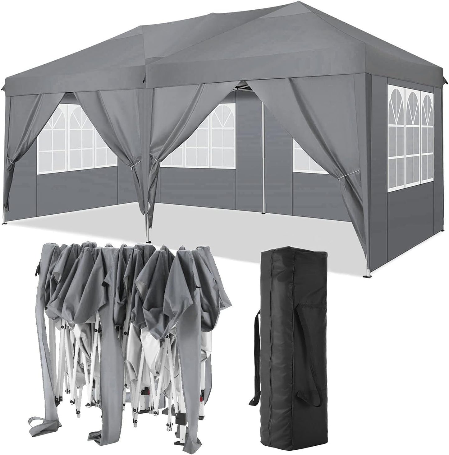 COBIZI Gazebo 3 x 6 Folding Gazebo Waterproof Stable Winterproof Foldable Party Tent with 6 Side Panels Pop Up Garden Gazebo UV Protection 50+ Height Adjustable for Beach Wedding Camping White