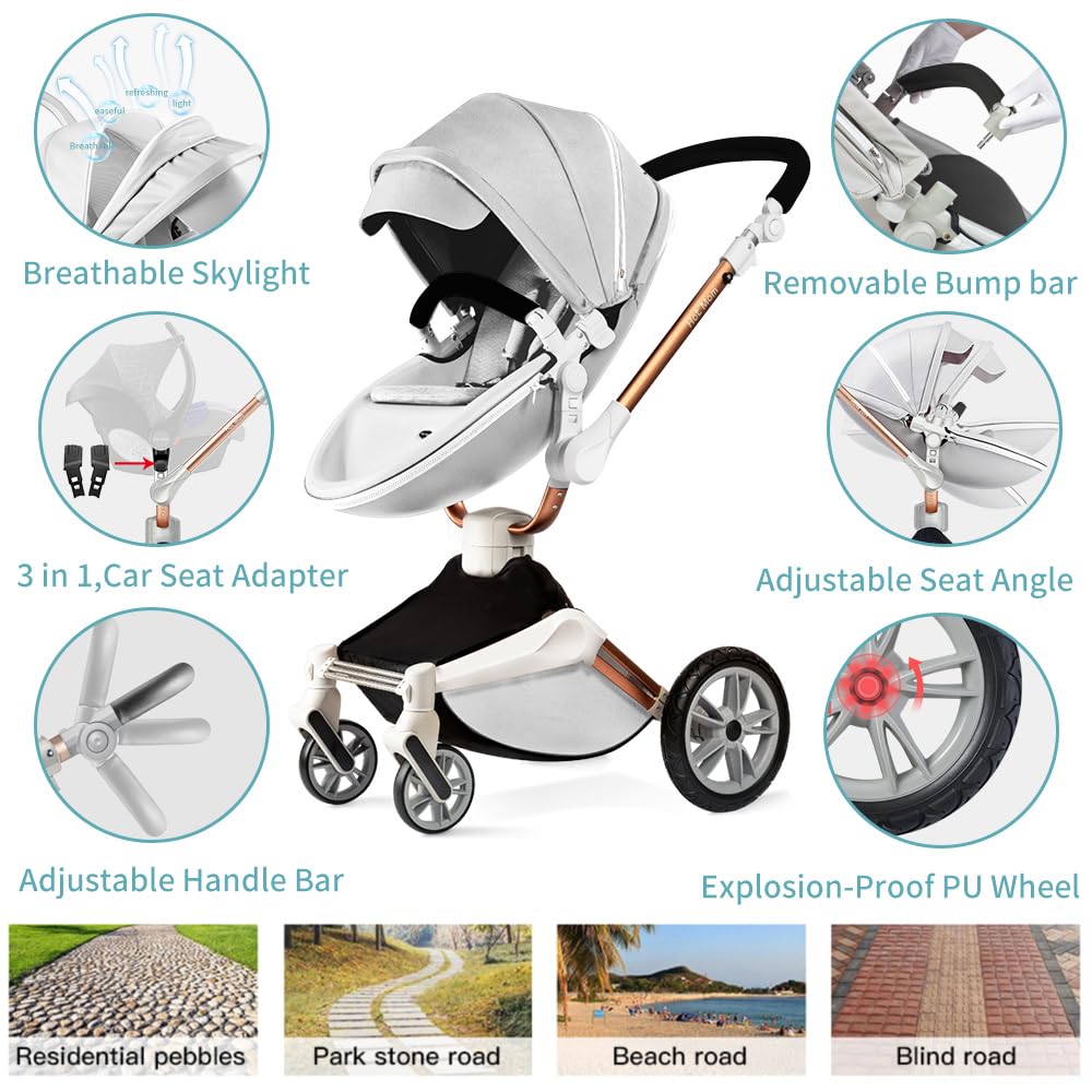 Hot Mom Pram Set with 360° Rotation Function, Combination Pushchair 3-in-1 Equipped with PU Tyres and Faux Leather Seat and Many Other Accessories, Dark Grey