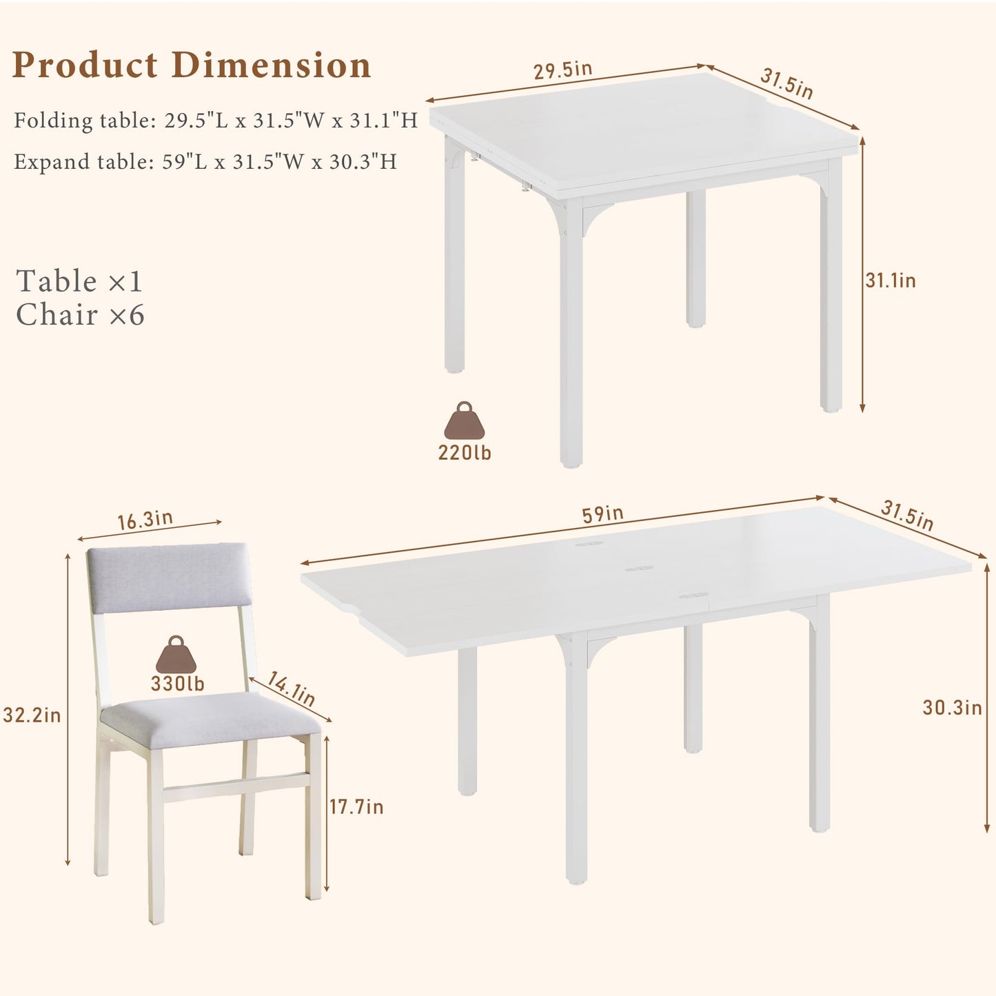 7-Piece Dining Table Set for 4-6, Extendable Kitchen Table Cushion Chairs Set of 6 with 6 Chairs, Rectangle Dining Table with Metal Frame & MDF Board, Folding for Small Apartment Saving Space,Grey Oak