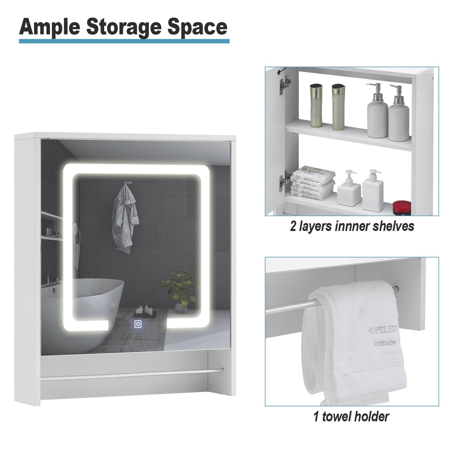 TUKAILAI Mirror Cabinet with LED Lighting, 6 Open Shelves and Adjustable Shelves, Bathroom Mirror with Touch Switch, Bathroom Mirror, Light Mirror, Wall Mirror, Bathroom Cabinet for Bathroom