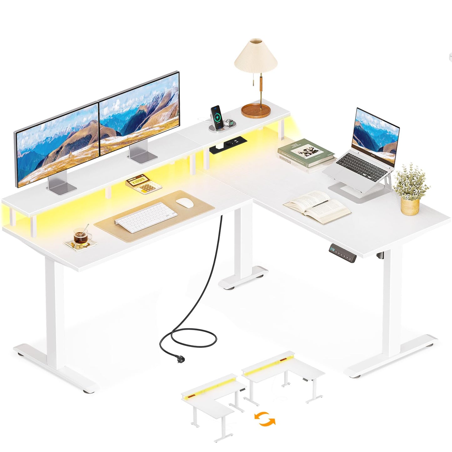 OffiGo Height Adjustable Desk, 150 x 120 cm, Corner Desk, Height Adjustable with Monitor Holder, Electric Desk, L Shape with Sockets, Computer Desk with LED Light Strip for Office, White