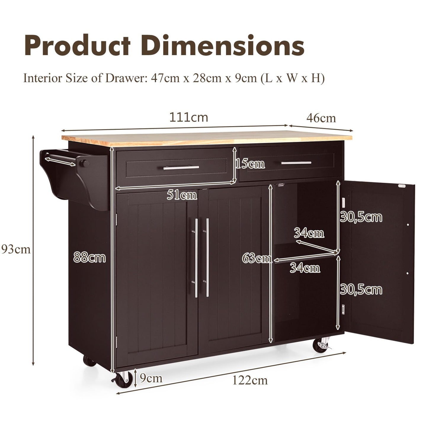 KOMFOTTEU Kitchen Trolley on Wheels, Wooden Serving Trolley with Worktop, Kitchen Island with Drawers, Towel Holder & Adjustable Shelves, Kitchen Cabinet Side Trolley Mobile 122 x 46 x 92 cm (Black)