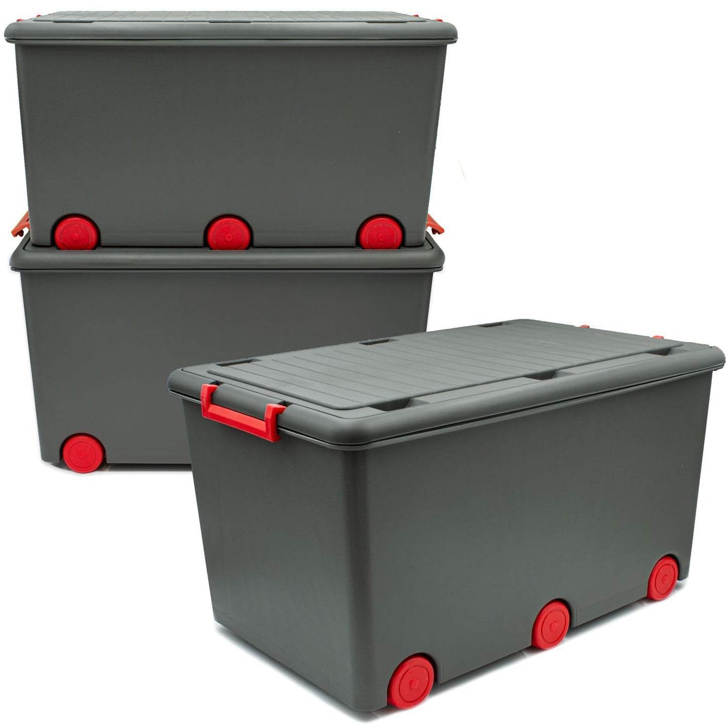 Babykajo 3 Storage Boxes with Lid and Wheels 50 L - Stacking Boxes with Lid Opaque - Plastic Box with Lid for Closing - Boxes Storage with Lid