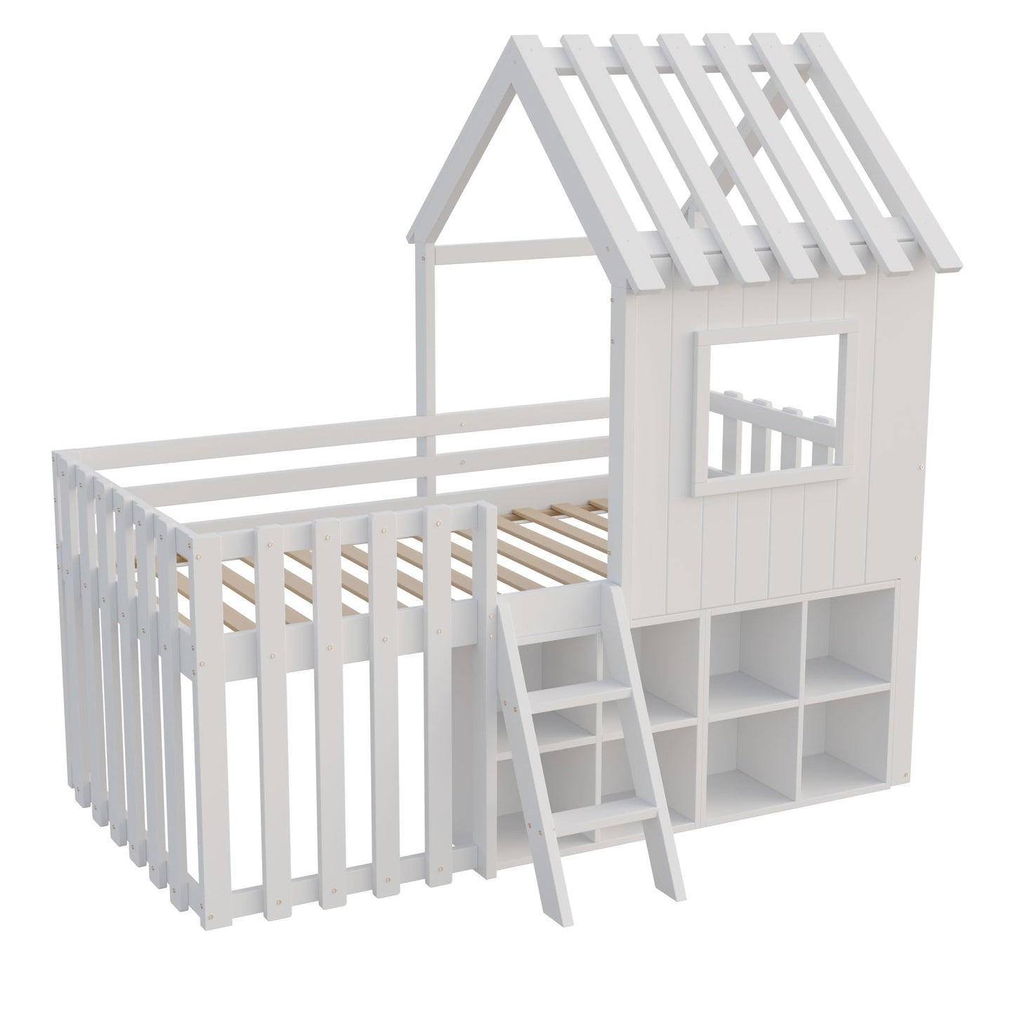 Children's Bed, House Bed 90 x 200 cm, Children's Bed Frame with Roof and Window, with Open Storage Space, with Climbing Ladder, Slatted Frame, Solid Wood Bed, Wooden Bed without Mattress (White)