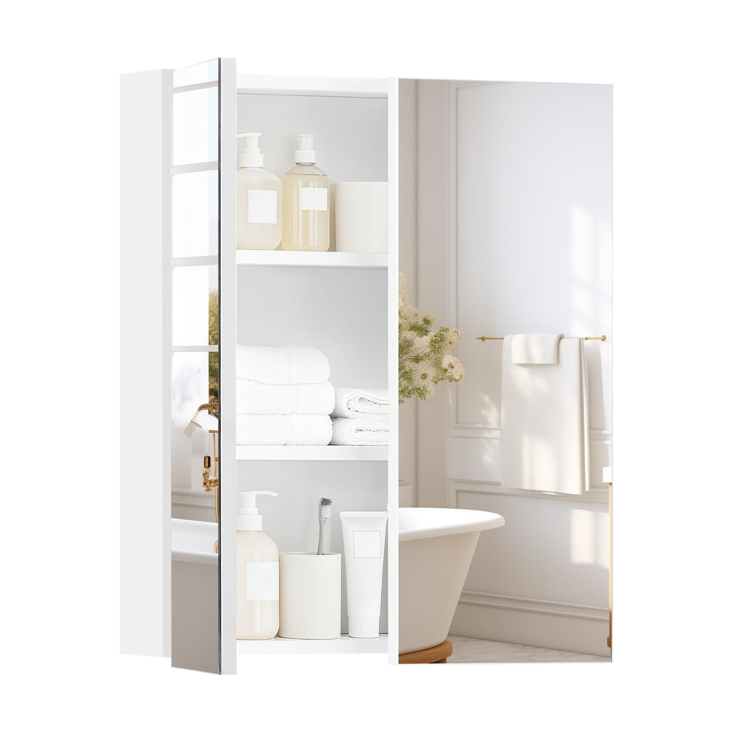 TUKAILAI Mirror Cabinet Bathroom Cabinet with 2 Toy Doors and Additional Shelf Storage Cabinet with Adjustable Shelves Wall Cabinet Medicine Cabinet Wall Cabinet for Bathroom White