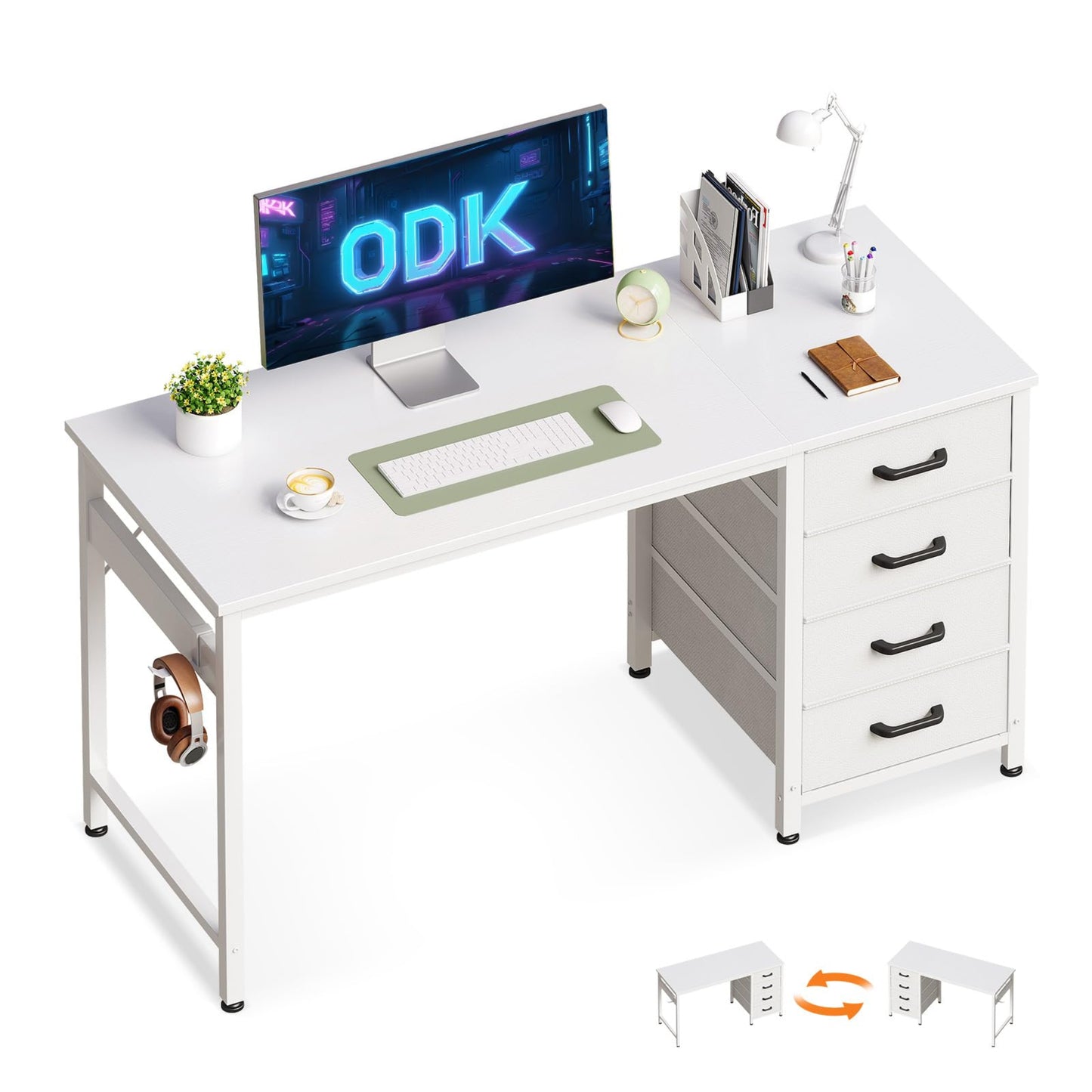ODK Desk with 4 Drawers, 120 x 48 x 75.7 cm, Computer Desk with Headphone Holder, PC Table, Reversible Office Table, Wood for Home Office, White