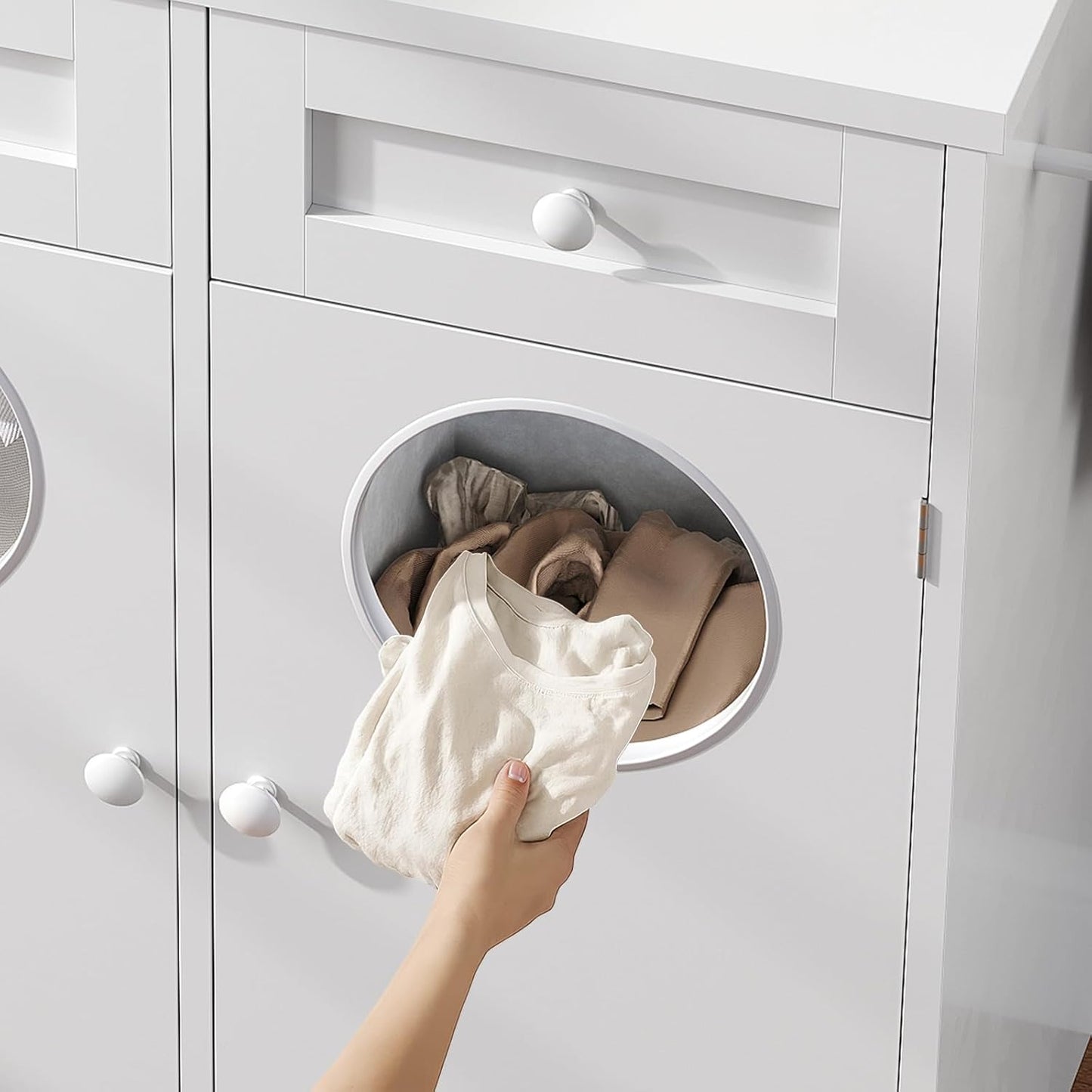 HOOBRO Bathroom Cabinet with Laundry Basket, Bathroom Cabinet with 2 x 37L Laundry Baskets, Freestanding Laundry Cabinet with 2 Drawers and 4 Hooks, for Bathroom, Laundry Room, White EWT36XY01