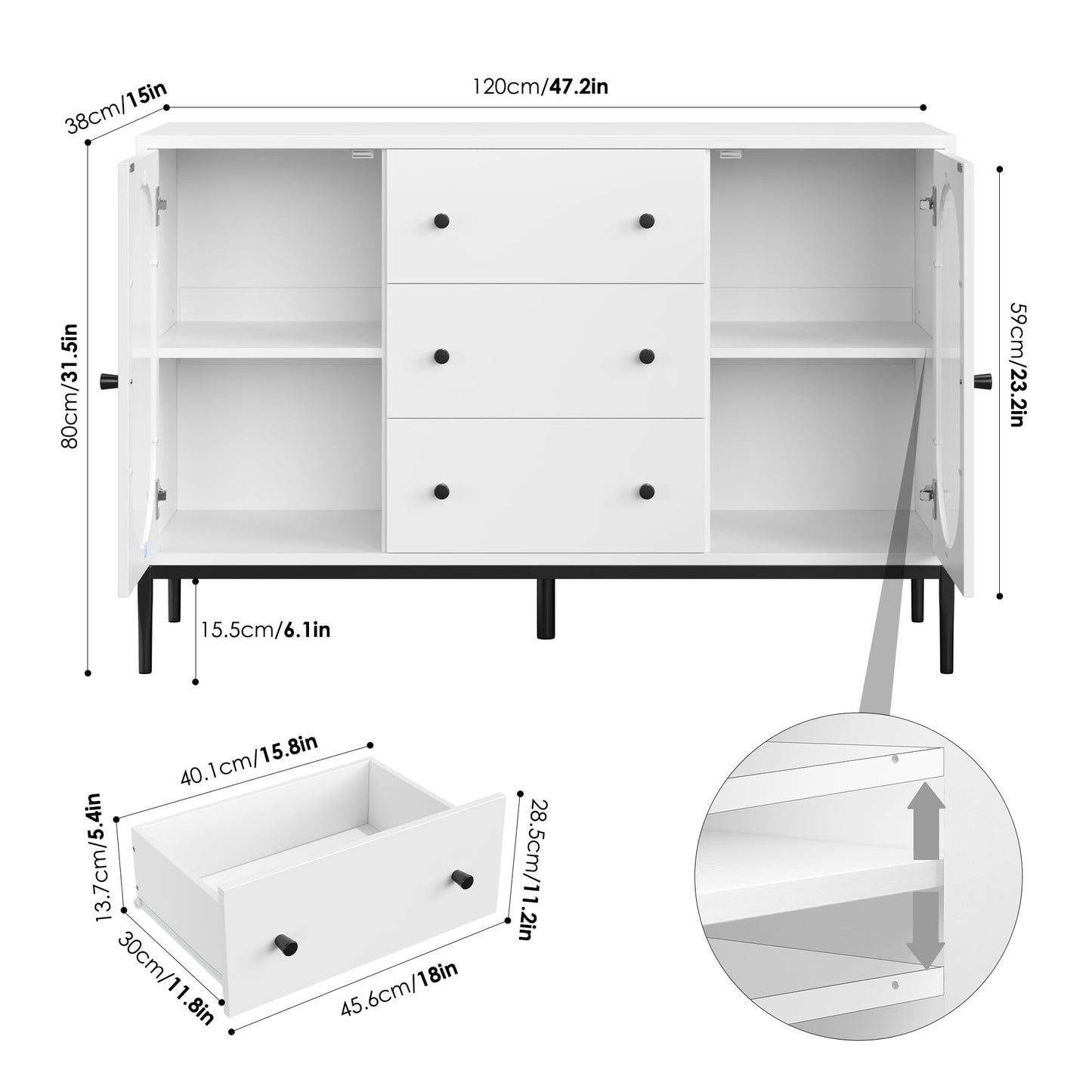 FirFurd Sideboard 120 cm Wide Kitchen Cabinet with Worktop Buffet Cabinet with 2 Glass Doors 3 Drawers Kitchen Buffet with Adjustable Shelf for Kitchen Dining Room Living Room 120 x 38 x 80 cm Black
