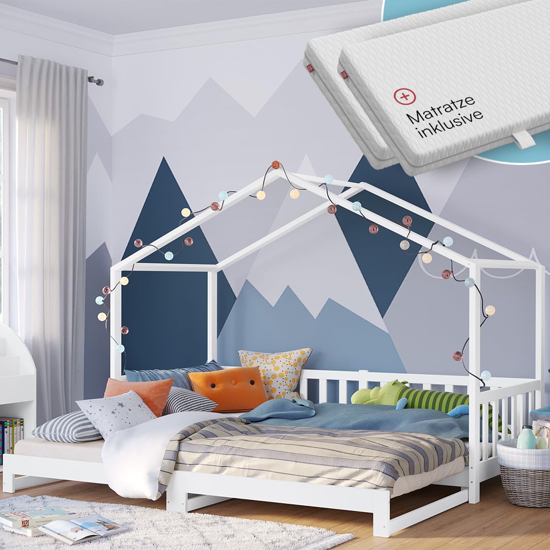 Bellabino Bia Children’s Bed, 90 x 200 cm, Children’s House Bed incl. Fall Protection and Rolled Slatted Frame, Montessori Floor Bed, White, Solid Pine Wood