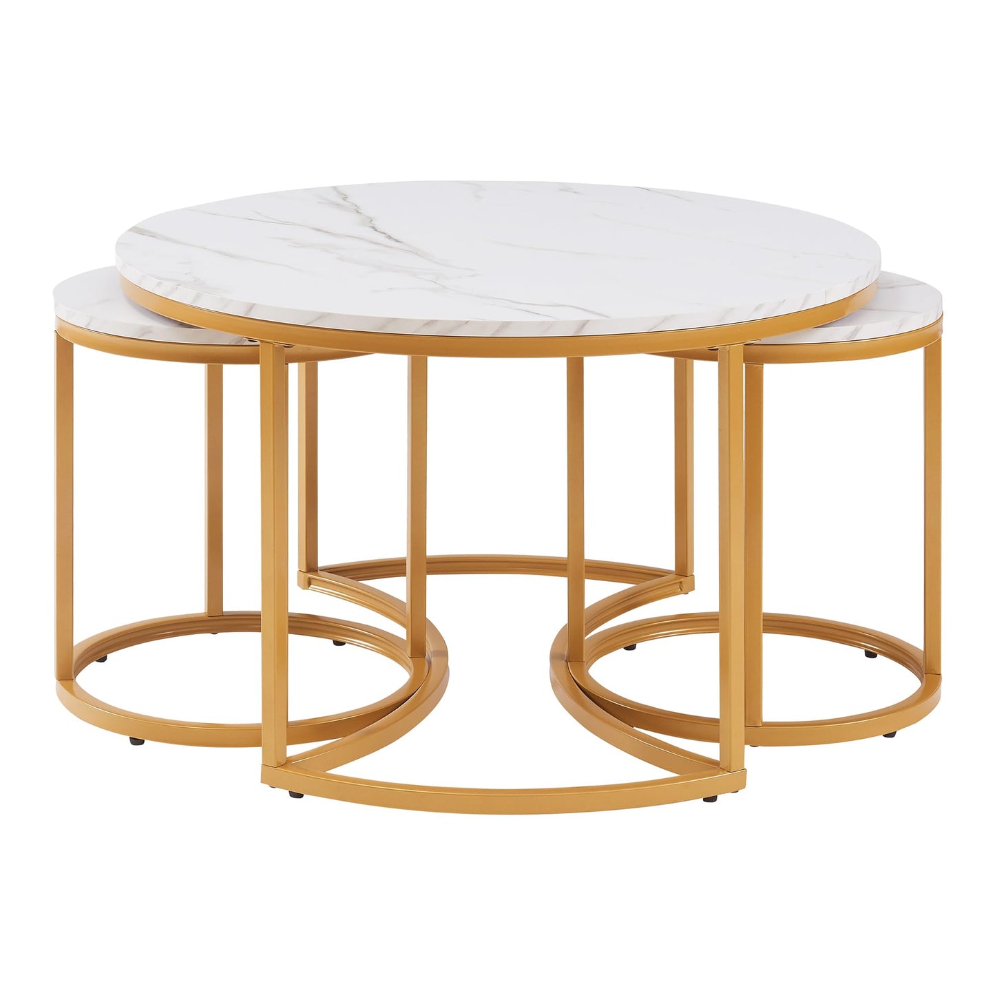 [en.casa] Christchurch Coffee Table, Set of 3, Round Sofa Table, Side Table with Metal Frame, Coffee Table, Marble Look, White/Gold