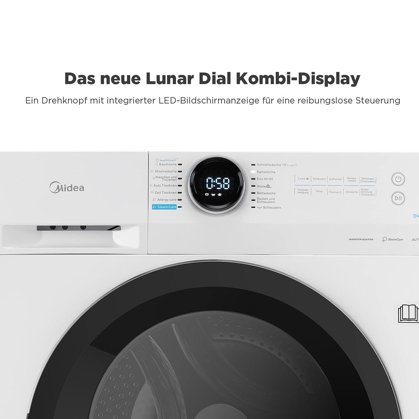 Midea MF200D86WB-14EAS Washer Dryer 8/6 kg Wash/Dry, Inverter Mortor, Refresh, 60 Min. Washing and Drying, Steam Care, Turbo Wash, 48 cm Deep, App Control, AquaStop