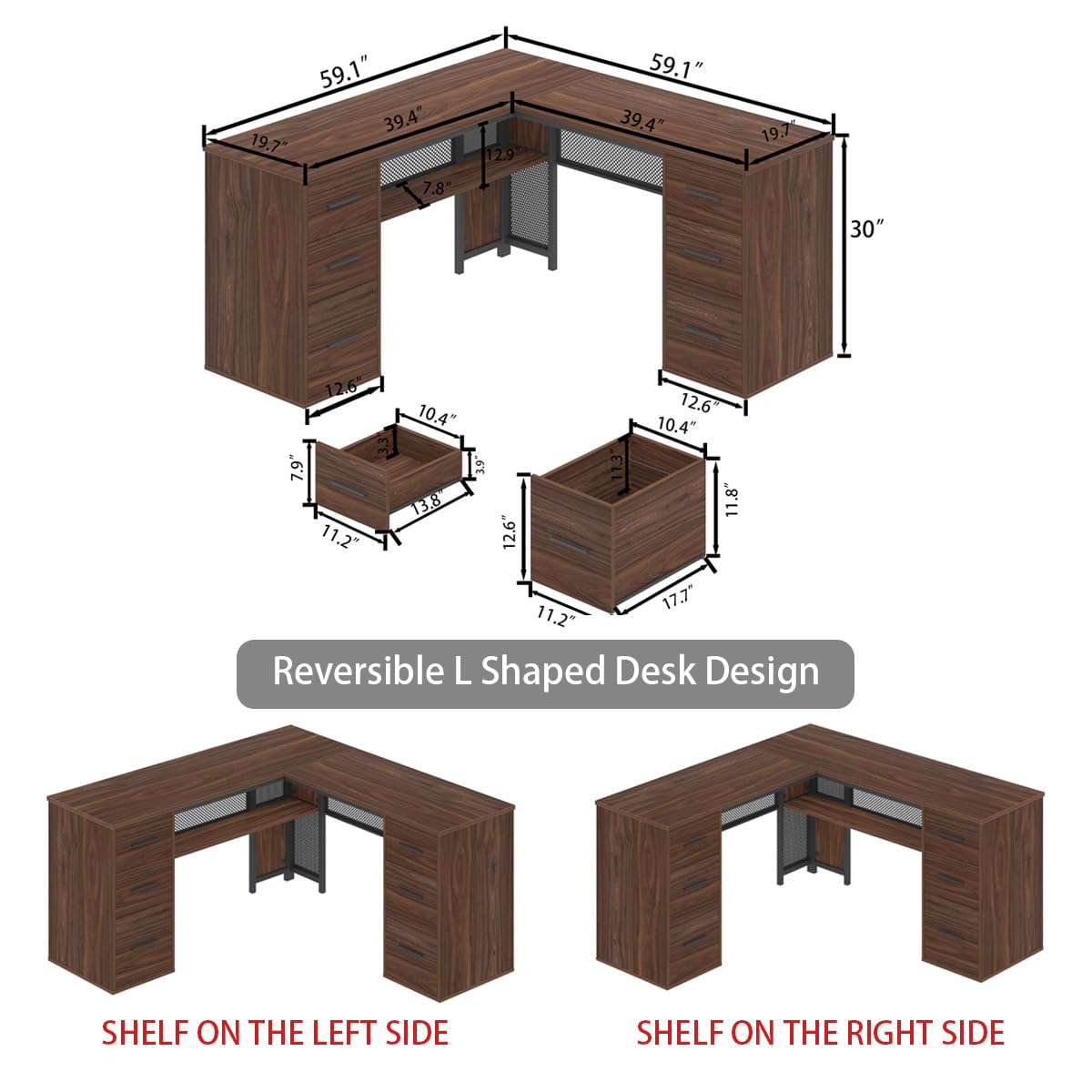 HSH L Shape Desk with Storage Space, Large Corner Desk, Computer Desk with Drawers and Shelves, Home Office, Bedroom, Metal, Wood Desks, Light Grey Oak, 150 cm