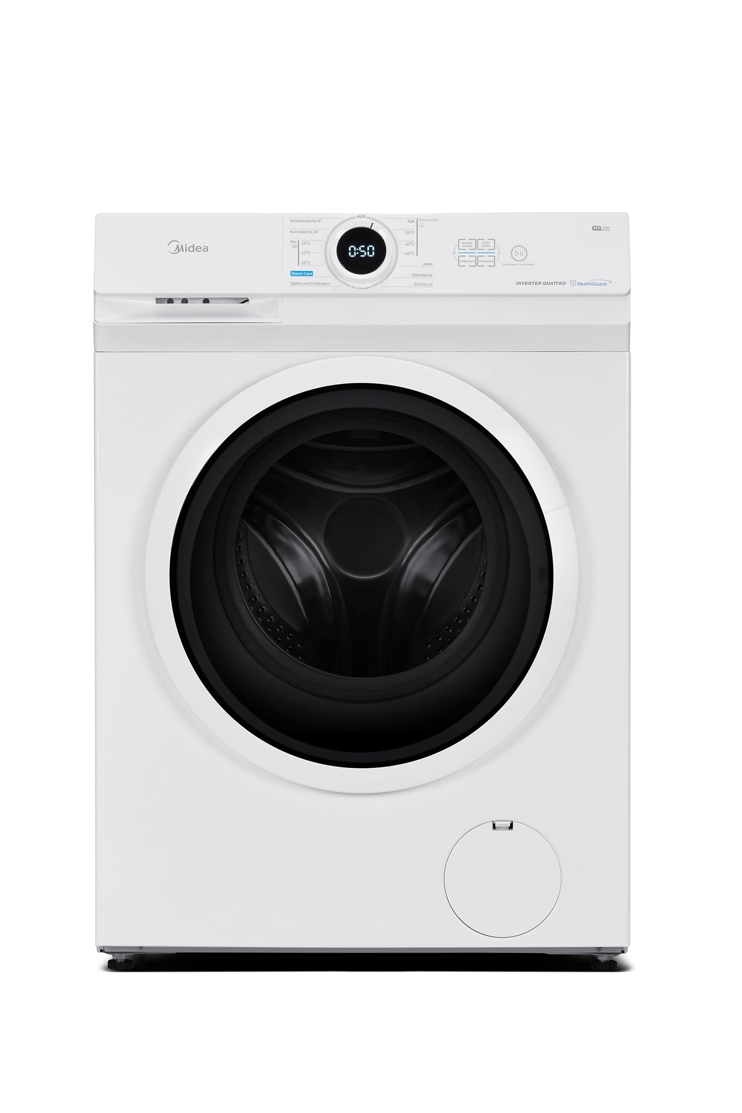 Midea MF10EW70B Washing Machine / 7 kg / 1400 rpm / Energy Efficiency Class A / Inverter Quattro Motor / Steam Function / Large Drum / Refill Function / Child Safety Lock / AquaStop, White
