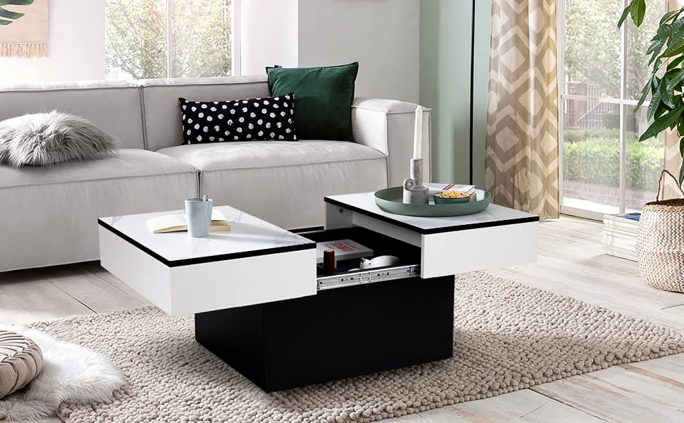 Vowner Coffee Table, Modern Coffee Table, Extendable Desk, Living Room Table with 2 Storage Spaces, High Gloss Finish, 114 x 58 x 40 cm, White Marbling