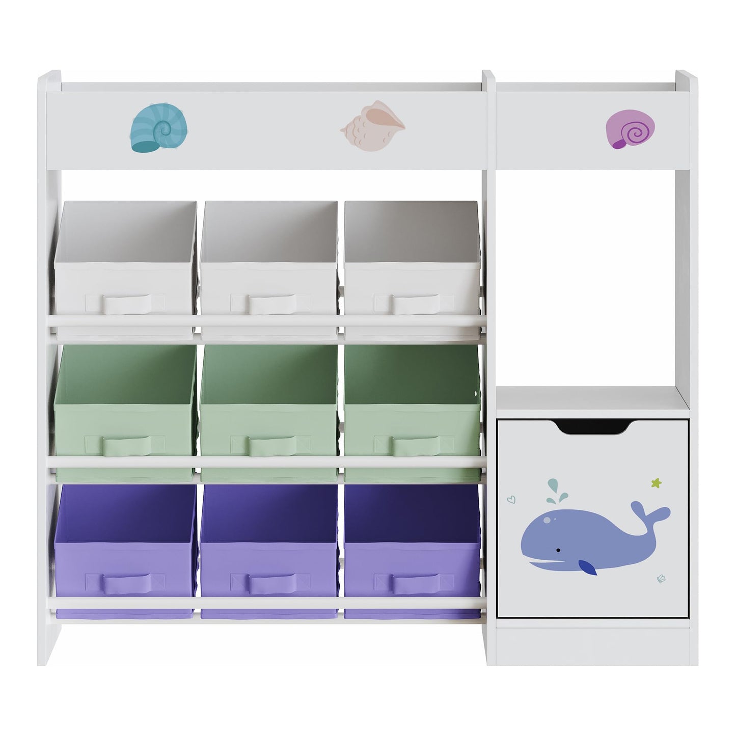[en.casa] Kinderregal Søndreland Bücherregal für Kinder mit 9 Aufbewahrungsboxen Spielzeugregal mit Schrank 80 x 90 x 30 cm Spielzeug Aufbewahrung Ozean Motiv