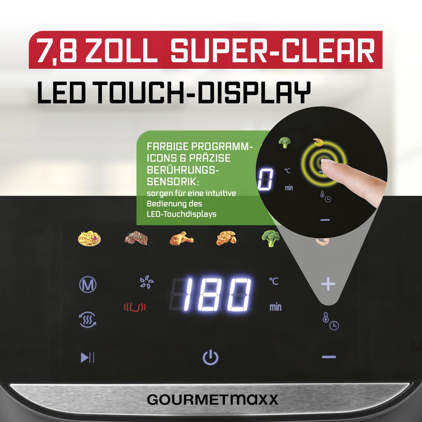 GOURMETmaxx Digitale Heißluftfritteuse 12 L, XXL-Edelstahl-Ofen | Airfryer + Timer, Touchdisplay, Drehspieß | fettarm, energiesparend frittieren | 10 Programme inkl. Pizza | 1800 W