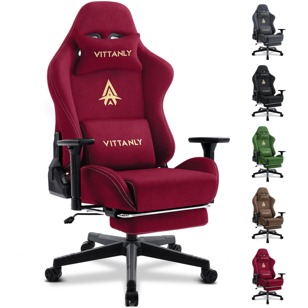 Vittanly Gaming Stuhl, Luxuriöser Wildlederimitat Gaming Chair Bürostuhl, Ergonomischer Schreibtischstuhl mit Fußstütze Kopfstütze und Lendenkissen, 3D Armlehnen, 90-155° Rückenlehne, Weinrot