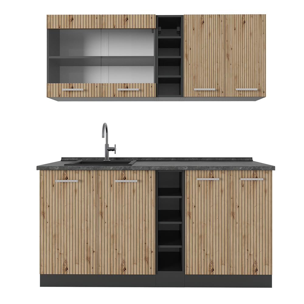 Vicco Single Kitchen R-Line White High Gloss / Anthracite 160 cm without Worktop