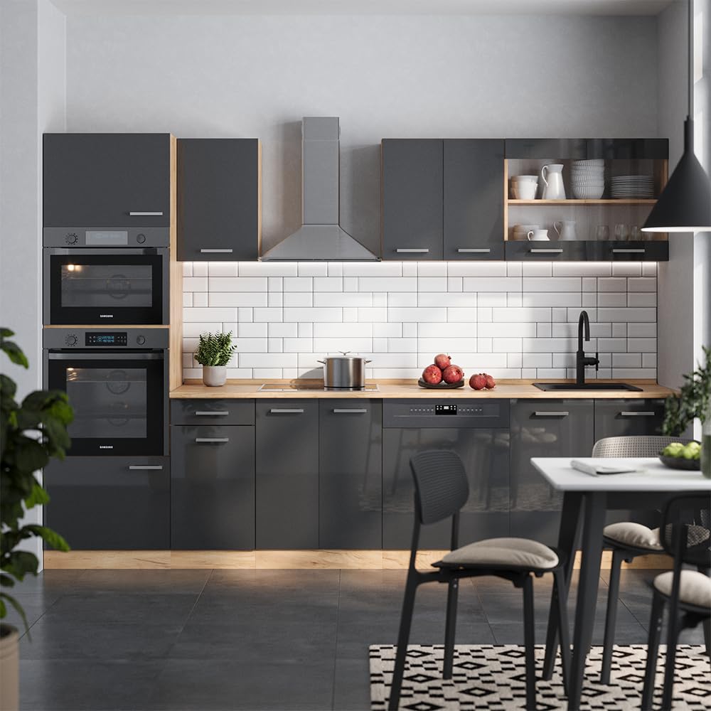 Vicco R-Line Kitchen Unit, High-Gloss Anthracite/Goldkraft Oak, 300 cm with Tall Cabinet, without Worktop
